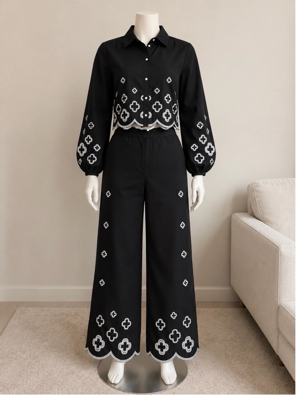 Black Embroidered Two-Piece Pant Set
